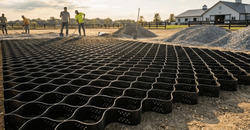 Workers installing a high-density geocell grid for dressage arena construction to provide a stable base and superior drainage. This high quality equine arena construction technique ensures the arena footing remains consistent across the long sides of the equestrian arena.