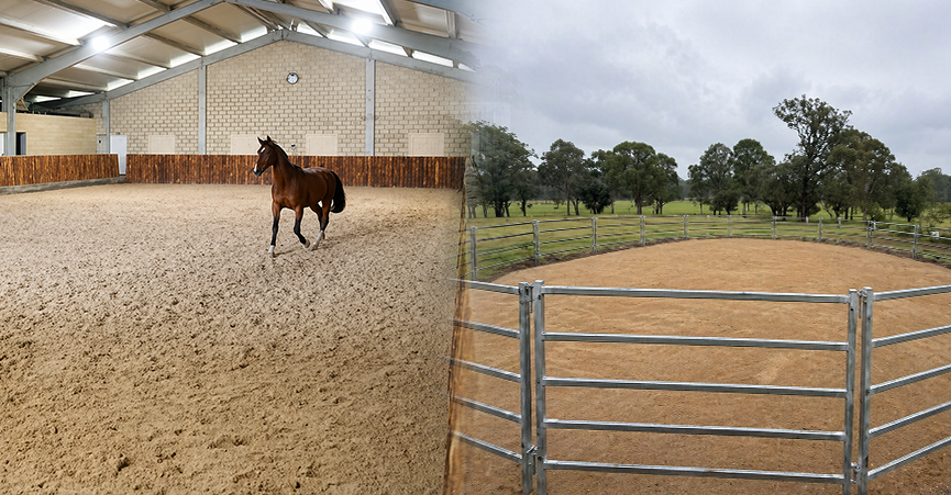 A comparison of a finished indoor arena with a horse training and a completed outdoor arena round yard. Both showcase high-quality equestrian riding arena finishes tailored to specific horse arena dimensions.
