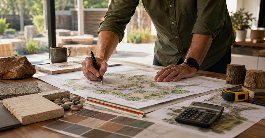 A landscape designer sketching a garden layout blueprint on a wooden table surrounded by material samples, stone pavers, a calculator, color swatches, and a tape measure.