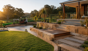 Modern backyard landscaping in Sydney featuring sandstone retaining walls, a wooden deck walkway, manicured green lawn, concrete steps leading to a house veranda, and a mini excavator working in the background during golden hour.