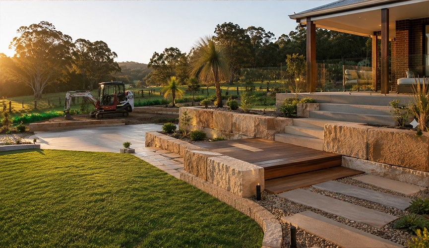Modern backyard landscaping in Sydney featuring sandstone retaining walls, a wooden deck walkway, manicured green lawn, concrete steps leading to a house veranda, and a mini excavator working in the background during golden hour.