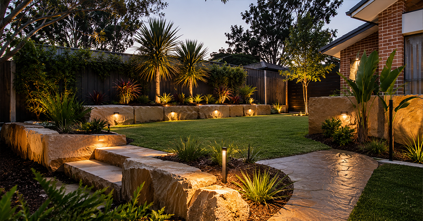 Professionally landscaped backyard at dusk featuring lush green turf, tropical plants, palm trees, and warm outdoor LED lighting illuminating the sandstone retaining walls, stone steps, and garden beds.