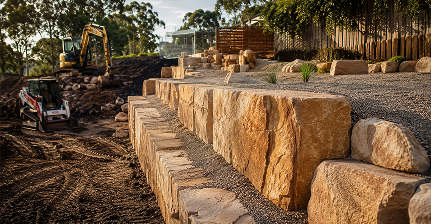 Tiered sandstone block retaining walls under construction on a sloped property, featuring a mini excavator and a Bobcat compact track loader performing earthworks and site excavation in the background.